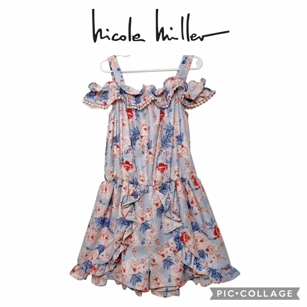 Nicole Miller sleeveless girl cold shoulder ruffle  romper blue pink size 10